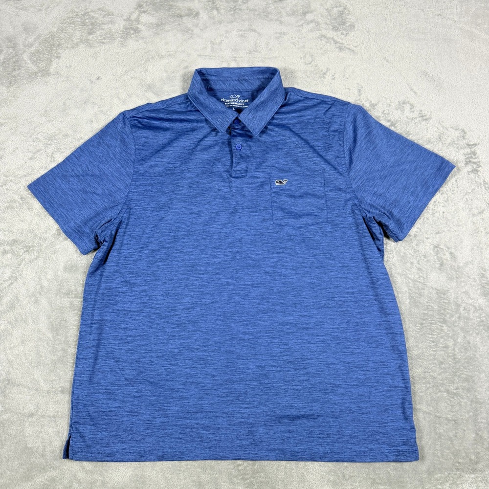 Vineyard Vines Mens L Polo Shirt Performance Heathered Blue Short Sleeve Pocket